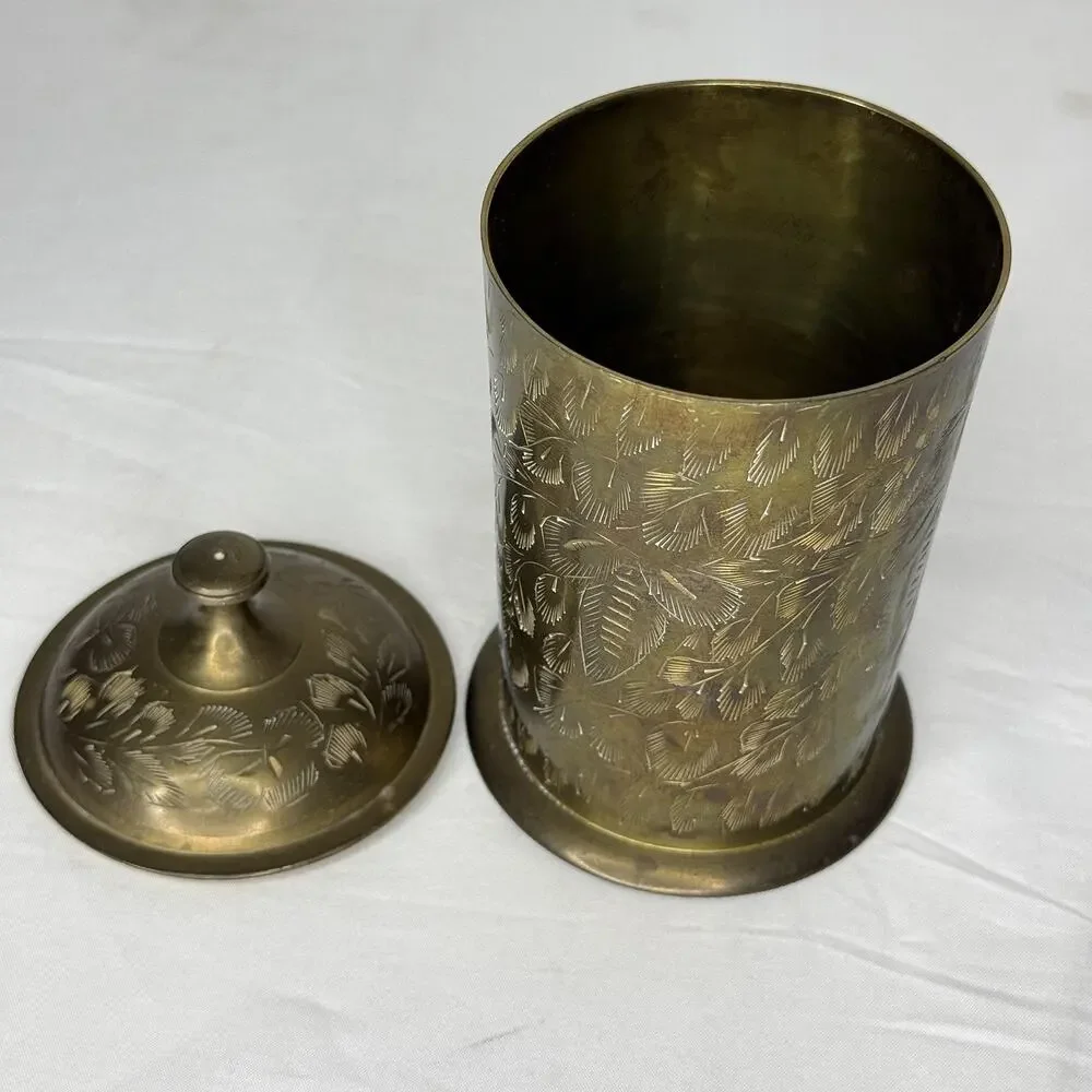 Vintage World Gift Brass Lidded Decorative Tin Canister Etched Floral India